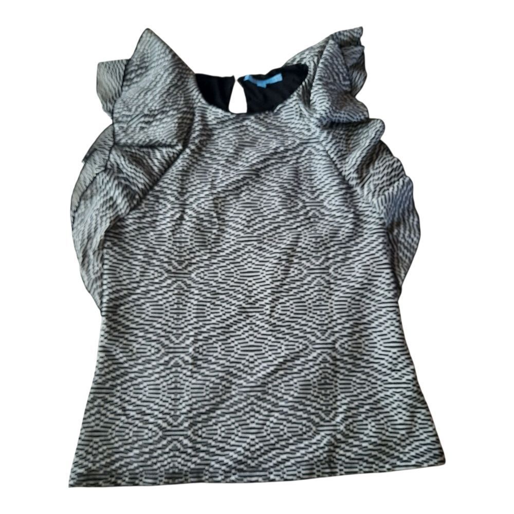 ANTONIO MELANI Black and White Ruffled Cap Sleeve Blouse